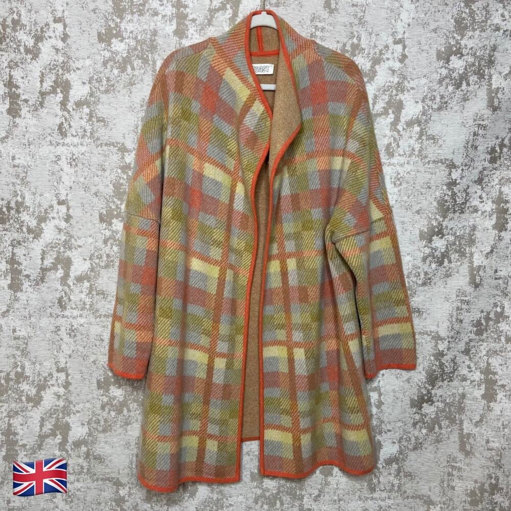 Toast Pastel Plaid 100% Geelong Wool Cardigan Coat